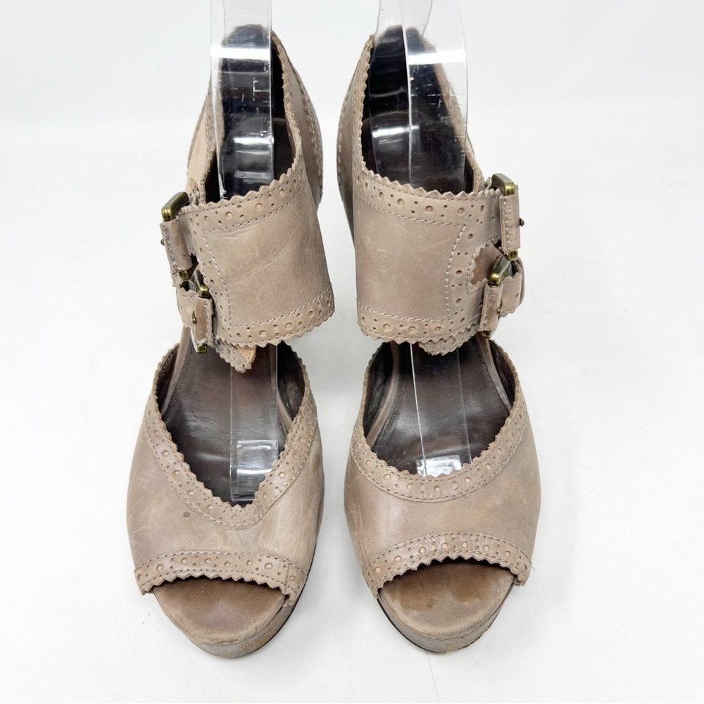 HALOGEN TAUPE BROWN DOUBLE BUCKLE LEATHER PLATFORM HEELS LYNDEN WOMENS SZ 9 - Picture 3 of 10